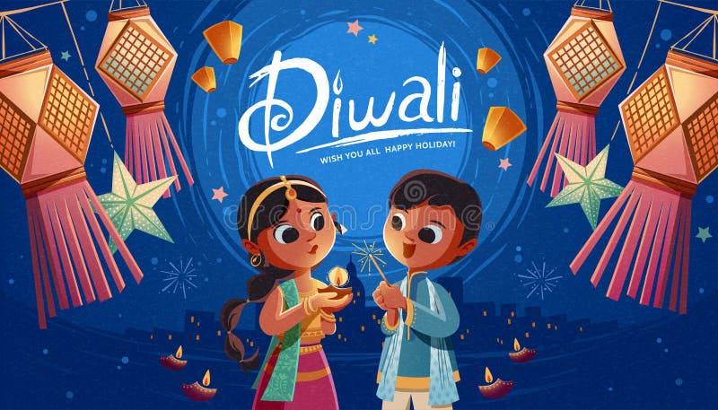 Diwali children holding oil lamp and sparkler with hanging Indian lanterns and sky lanterns in the background. Diwali children holding oil lamp and sparkler with hanging Indian lanterns and sky lanterns in the background