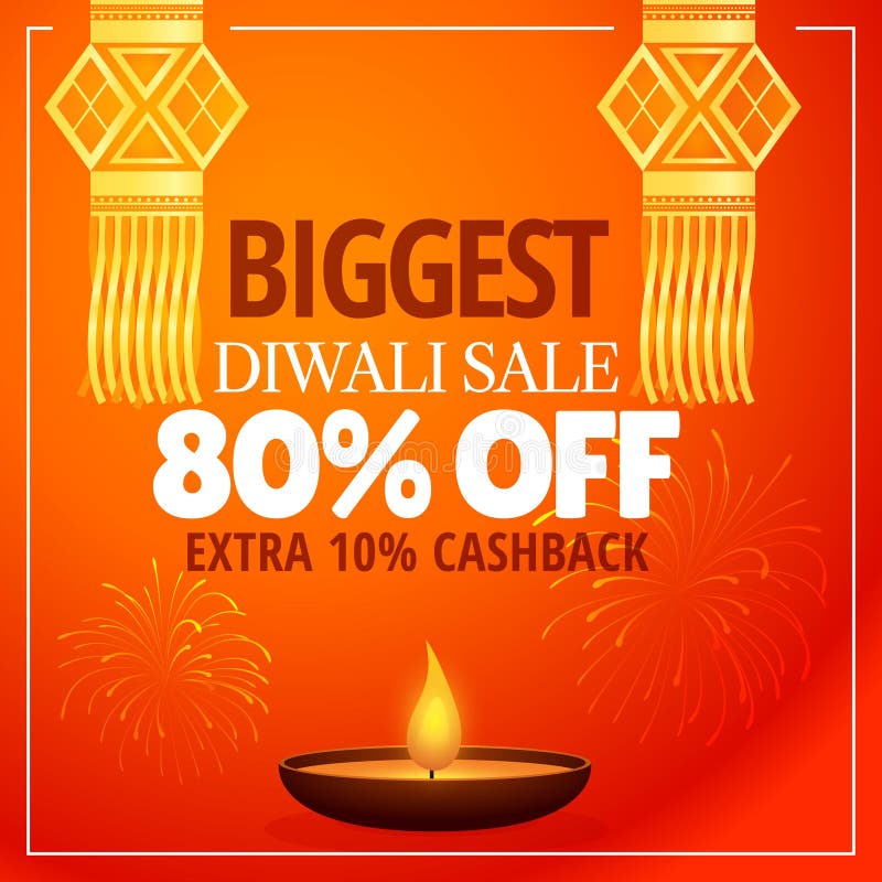 Diwali sale offer with hanging lamps, diya and fireworks.