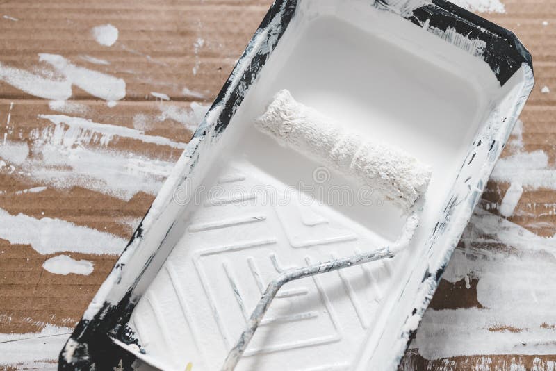 DIY and Home Improvement, Paint Tray with White Glossy Paint and Paint
