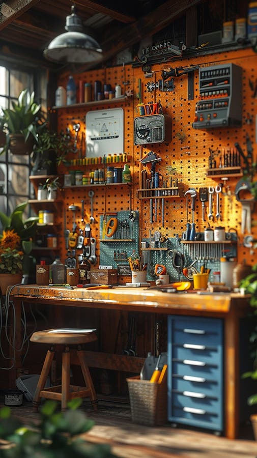 DIY makers workshop with tools organized on pegboards3D render royalty free illustration