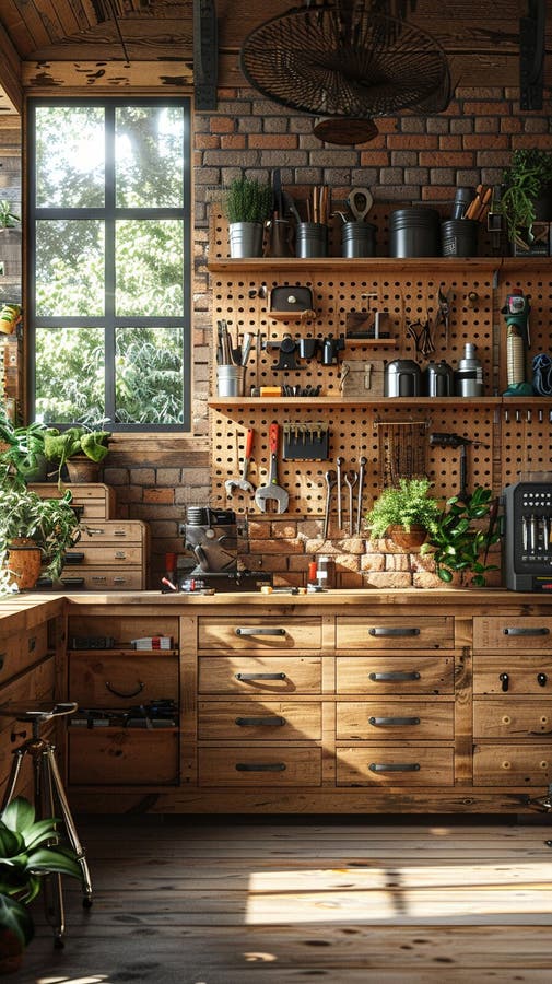 DIY makers workshop with tools organized on pegboards3D render vector illustration