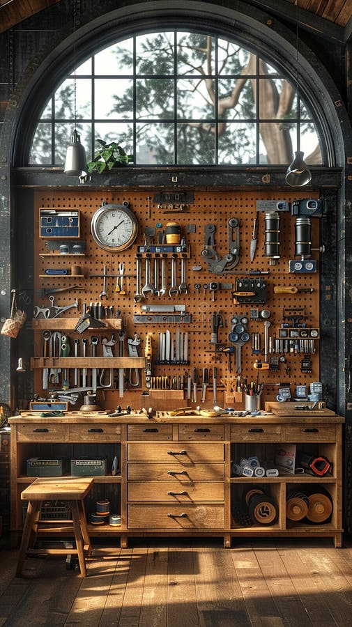 DIY makers workshop with tools organized on pegboards3D render vector illustration