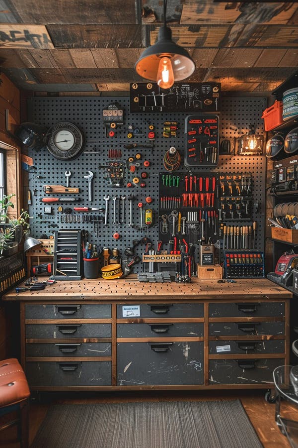 DIY makers workshop with tools organized on pegboards8K royalty free stock photos