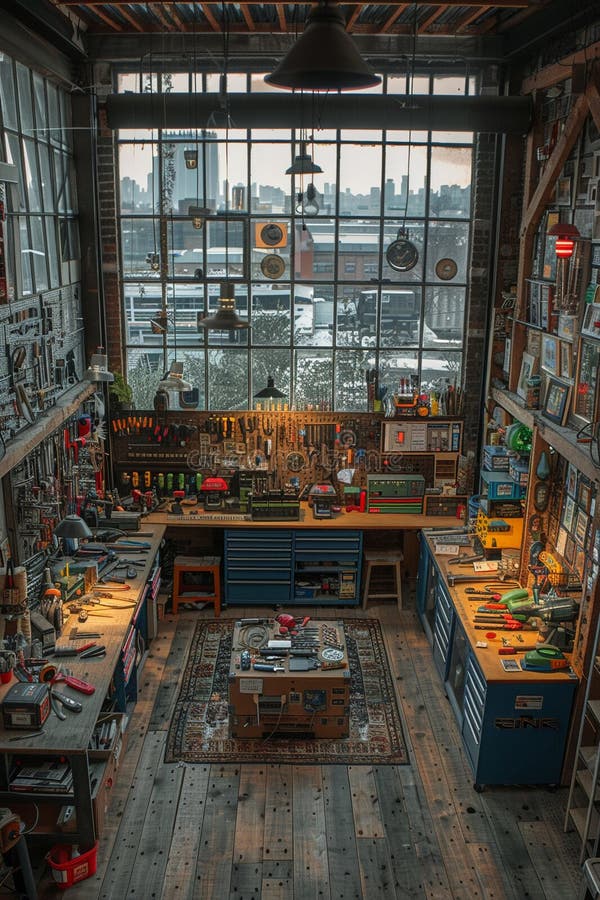 DIY makers workshop with tools organized on pegboards8K stock photography