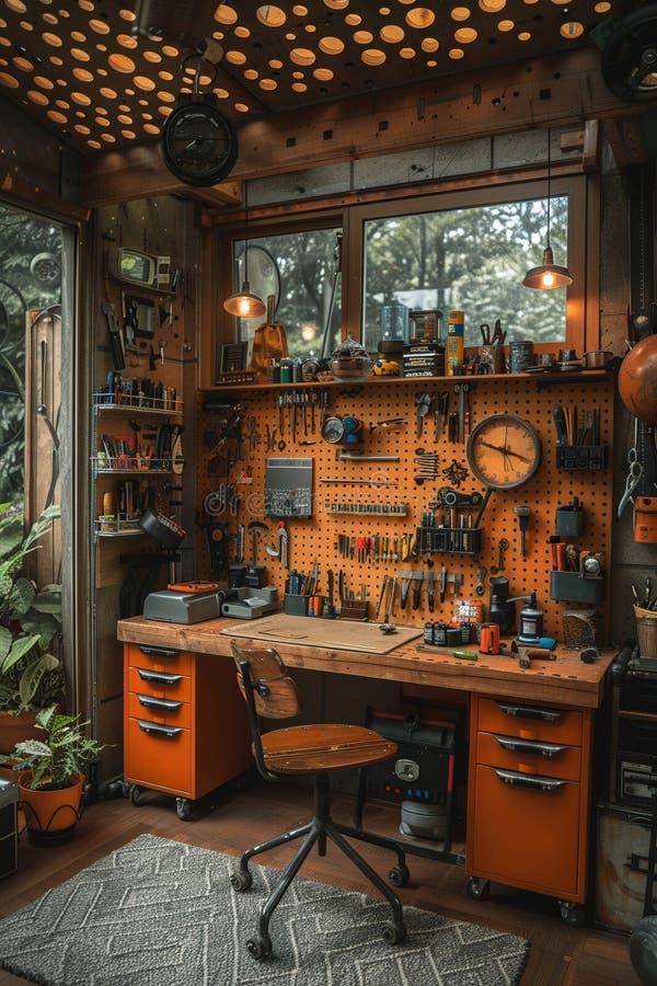 DIY makers workshop with tools organized on pegboards8K royalty free stock photography