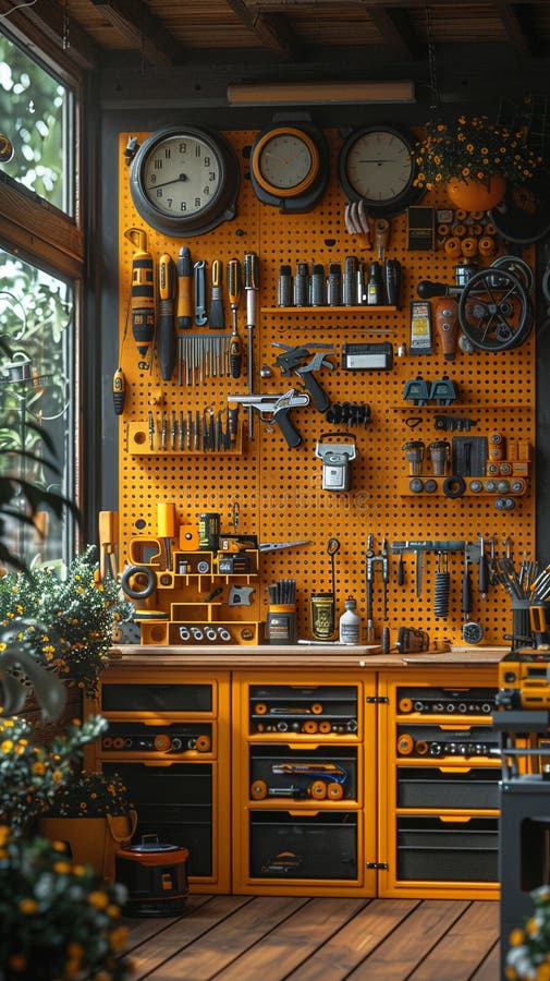 DIY makers workshop with tools organized on pegboards3D render stock illustration