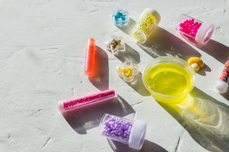 DIY Slime. Ingredients and Decorations for Slimes Stock Image