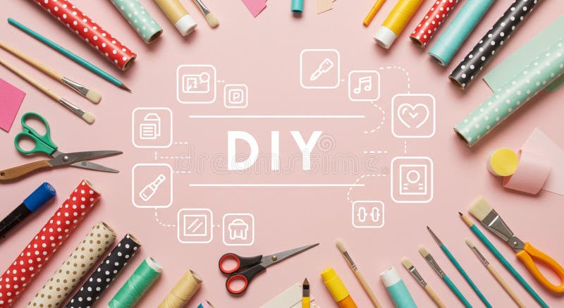 DIY-themed image displays a collection of crafting tools and materials arranged vector illustration