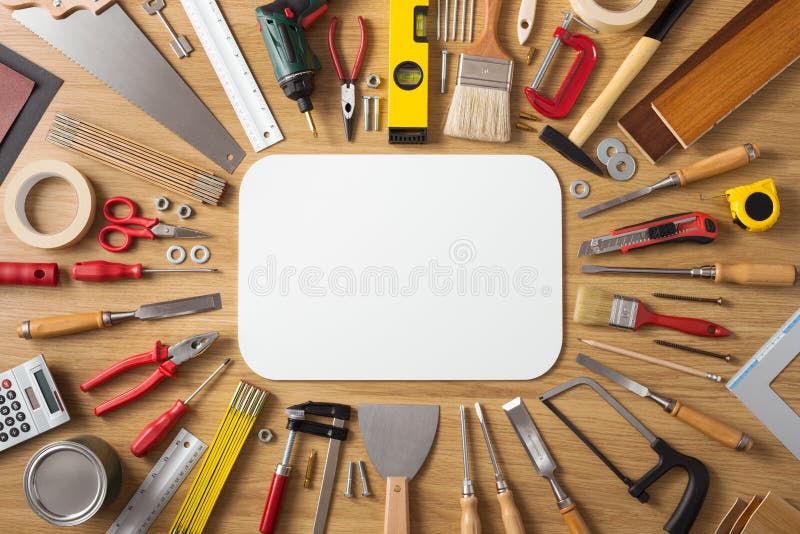 DIY and home improvement banner with work and construction tools on a wooden workbench top view, blank white sign at center. DIY and home improvement banner with work and construction tools on a wooden workbench top view, blank white sign at center