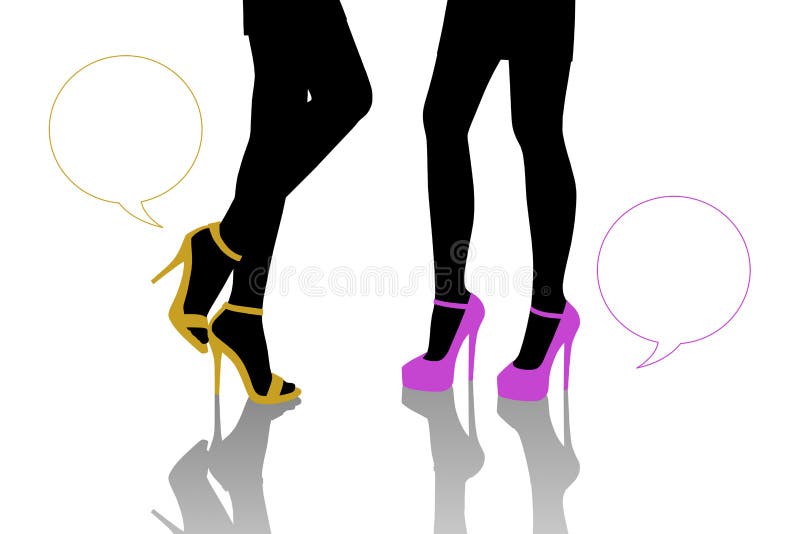 Symbolic dialogue between two women standing in front of each other on the high heels of different color, zoom on their legs, vacant text bubbles next to them. Symbolic dialogue between two women standing in front of each other on the high heels of different color, zoom on their legs, vacant text bubbles next to them