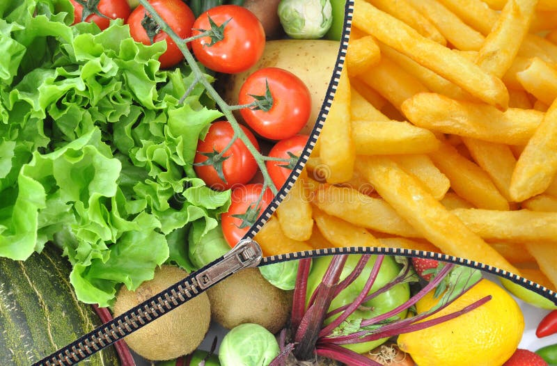 Diet lifestyle concept with zipper revealing fruits and vegetables on one side and french fries on the other. Diet lifestyle concept with zipper revealing fruits and vegetables on one side and french fries on the other