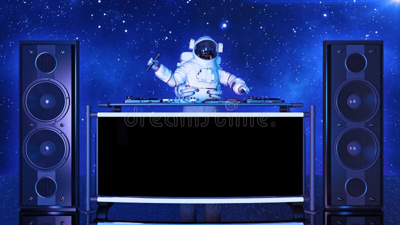 DJ astronaut, disc jockey spaceman with microphone playing music on turntables, cosmonaut on stage with deejay audio equipment