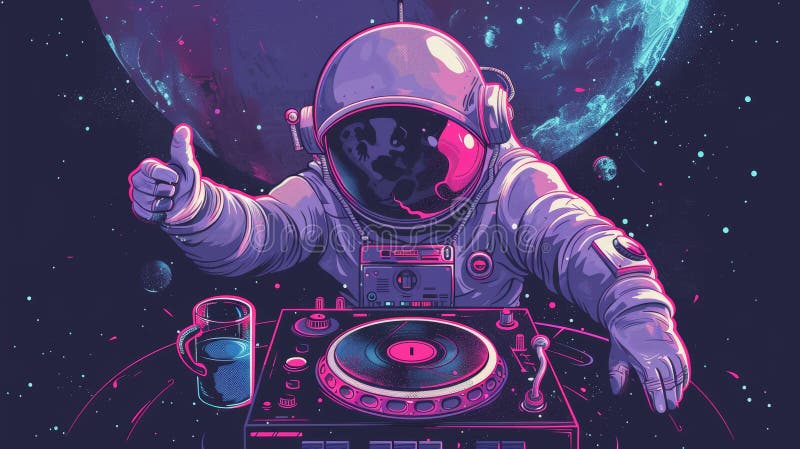 DJ astronaut mixing techno music in open space. Modern cartoon illustration with spaceman showing thumb up on a galaxy background. Galaxy design for poster or flyer.. AI generated