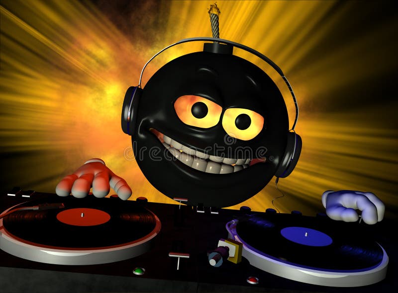 Emoticon DJ bomba con il fuoco nei suoi occhi e un acceso fuseTurntables con gli album in vinile.