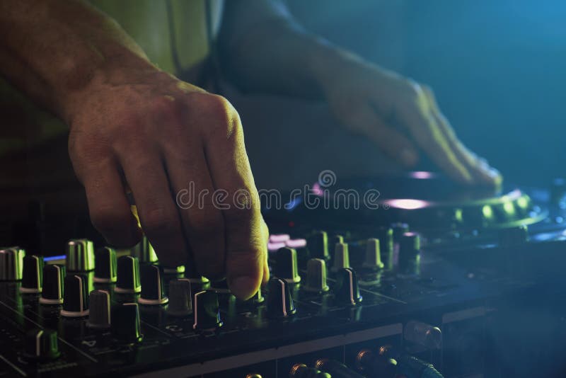 DJ Creating Music on Modern Console Mixer in Night Club, Closeup Stock Image Image of blue