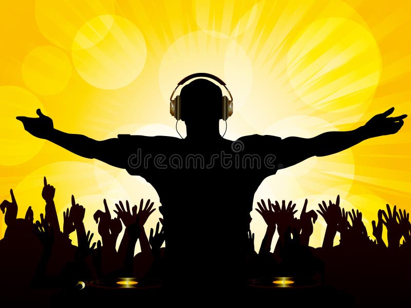 DJ and crowd on yellow background