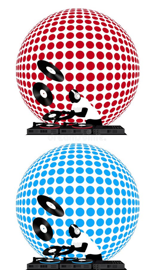Clipart with dj, turntable and disco ball in two alternative colors. Clipart with dj, turntable and disco ball in two alternative colors