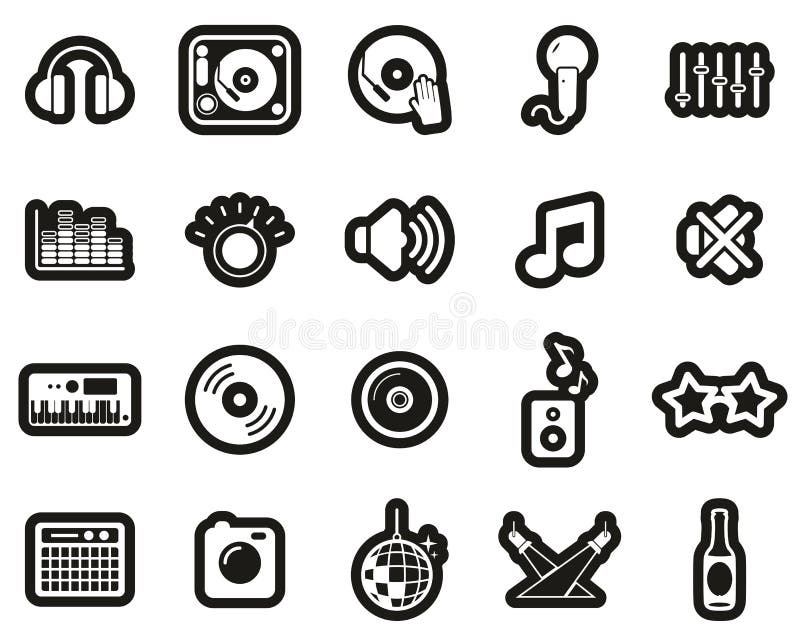 DJ & DJ Equipment Icons White on Black Sticker Set Big Stock Vector