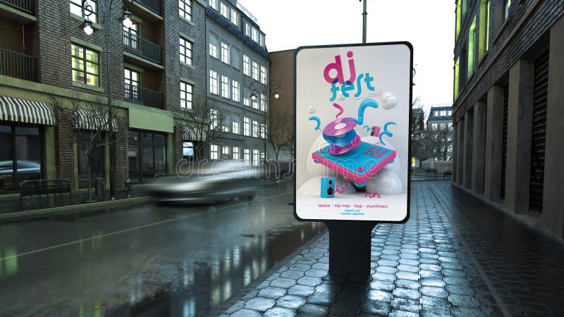DJ-Ereignisanzeigenanschlagtafel auf Stadtstraße am Abend lizenzfreie abbildung DJ-Ereignisanzeigenanschlagtafel auf Stadtstraße am Abend lizenzfreie abbildung