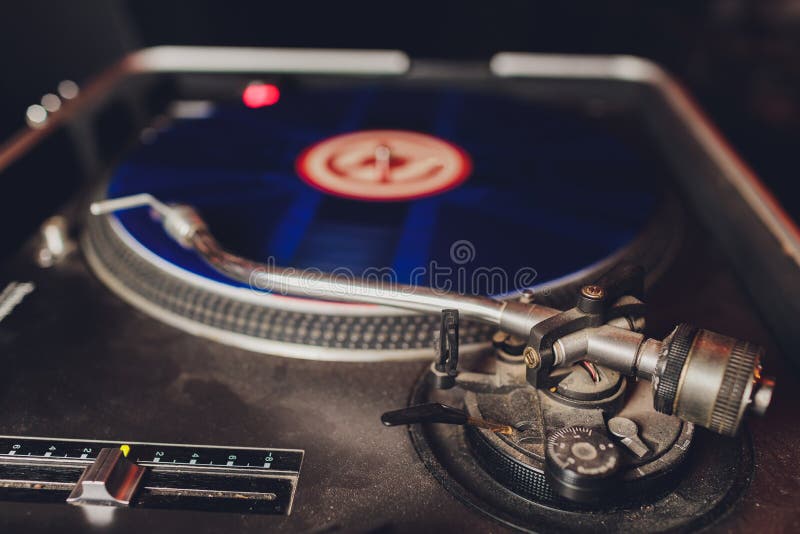 Dj Hands on Equipment Deck and Mixer with Vinyl Record at Party. Stock Image Image of