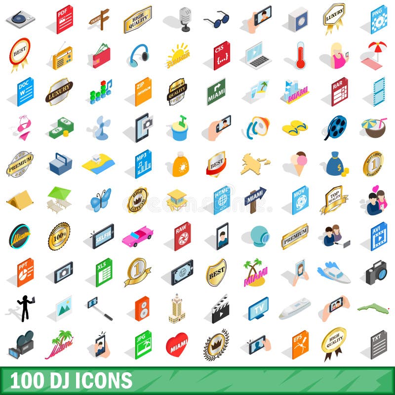 100 dj ikon ustawiających, isometric 3d styl ilustracji 100 dj ikon ustawiających, isometric 3d styl ilustracji