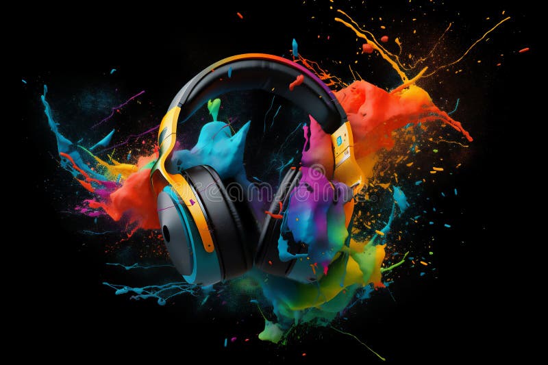 Dj Kopfhörer mit farbigem Rauch und Farbe, die in einer lebhaften Farbexplosion auf schwarzem Hintergrund entstehen. Musik und Sou stock abbildung