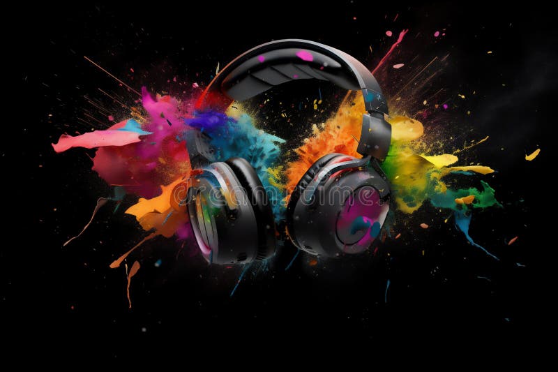 Dj Kopfhörer mit farbigem Rauch und Farbe, die in einer lebhaften Farbexplosion auf schwarzem Hintergrund entstehen. Musik und Sou lizenzfreie abbildung