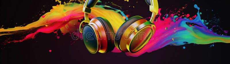 Dj Kopfhörer mit farbigem Rauch und Farbe, die in einer lebhaften Farbexplosion auf schwarzem Hintergrund entstehen. Musik und Sou stock abbildung