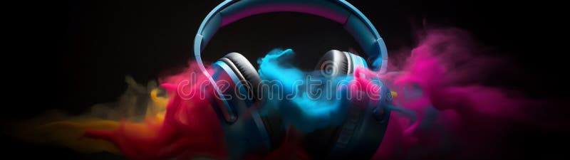 Dj Kopfhörer mit farbigem Rauch und Farbe, die in einer lebhaften Farbexplosion auf schwarzem Hintergrund entstehen. Musik und Sou vektor abbildung