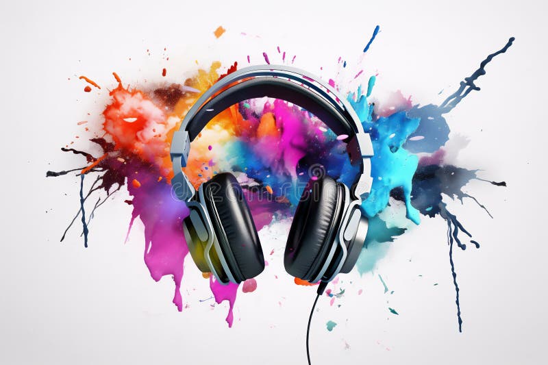 Dj Kopfhörer mit farbigem Rauch und Farbe, die in einer lebhaften Farbexplosion auf weißem Hintergrund entstehen. Musik und Sound. vektor abbildung