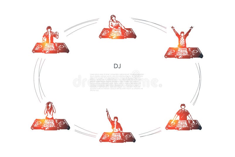 DJ - men and women DJs in headphones playing music vector concept set. Hand drawn sketch isolated illustration