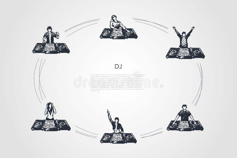 DJ - men and women DJs in headphones playing music vector concept set. Hand drawn sketch isolated illustration