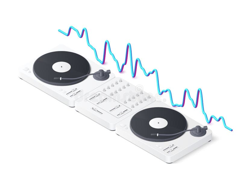 DJ Mixer Panel, Turntables and Wave Equalizer Isolated on White