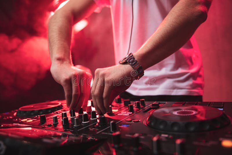 Dj Mixing at Party Festival with Red Light and Smoke in Background Stock  Photo - Image of audio, dark: 144340098
