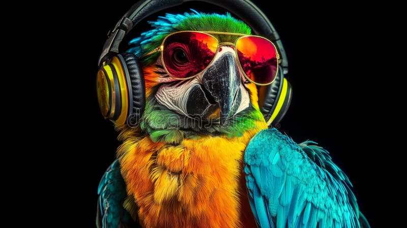 DJ Parrot del Partito dei Neon nelle cuffie Un uccello dai colori tropicali ascolta musica e diverte royalty illustrazione gratis