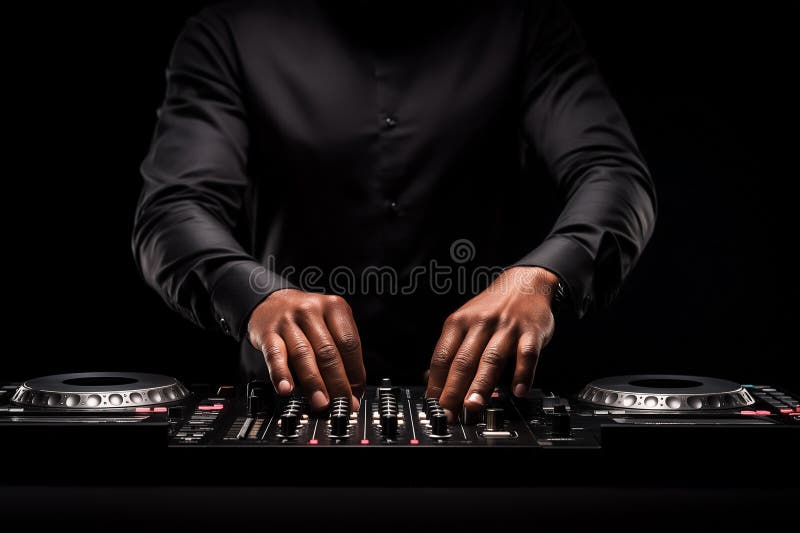DJ performs using mixing equipment in a dimly lit environment, focusing on creating music. The setup emphasizes an royalty free illustration