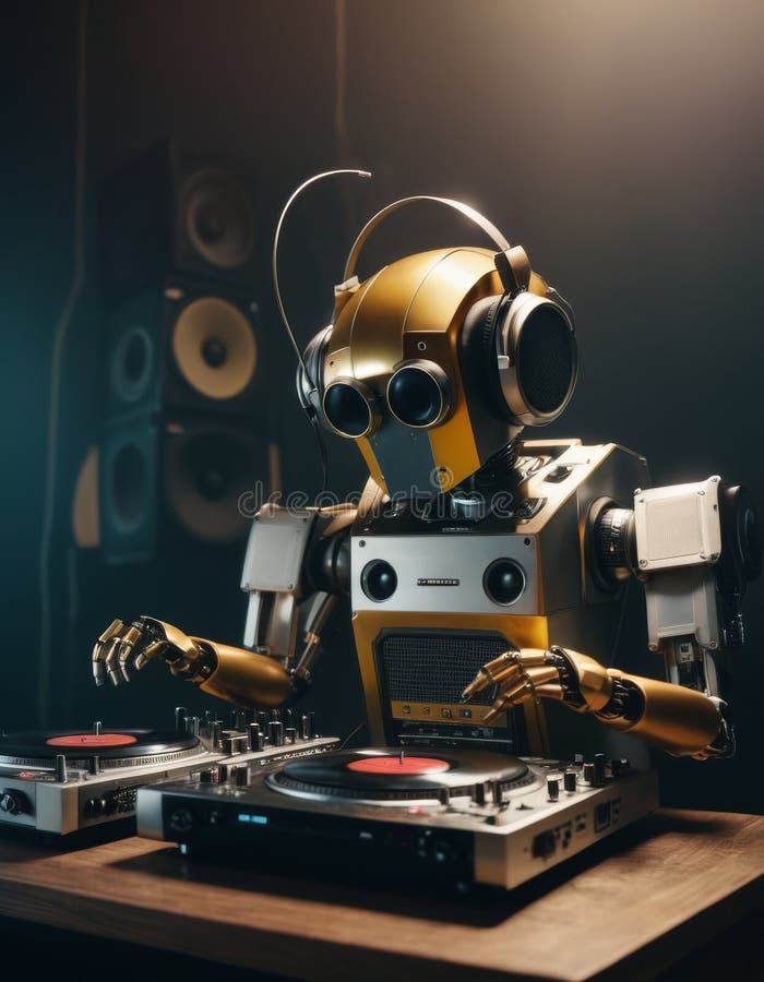 An anthropomorphic robot DJ with a flair for music manipulates turntables in a moody studio, its yellow body shining under the spotlight AI generated. An anthropomorphic robot DJ with a flair for music manipulates turntables in a moody studio, its yellow body shining under the spotlight AI generated