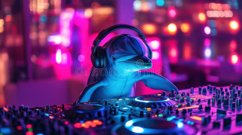 DJ-ul delfin colorat care cântă într-un club de noapte plin de viață în timpul nopții cu lumini vibrante vector illustration