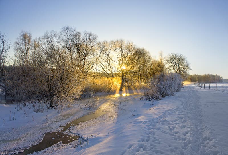 Djupfryst flod i vinterlandskap arkivfoto