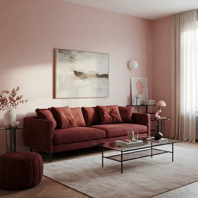 Djupt rött sofa och ottoman i ett rum med svarta väggar abstrakta glaskaffebord och rena gardiner stock illustrationer