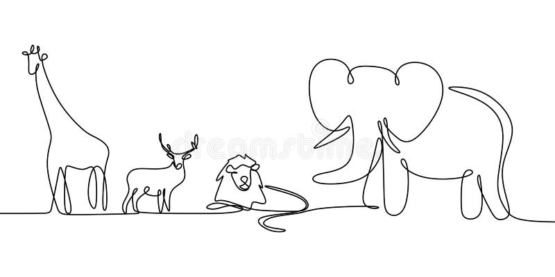 Djur fortlöpande linje teckningsvektorillustration med elefanten, lejonet, giraffet och hjortar vektor illustrationer Djur fortlöpande linje teckningsvektorillustration med elefanten, lejonet, giraffet och hjortar vektor illustrationer