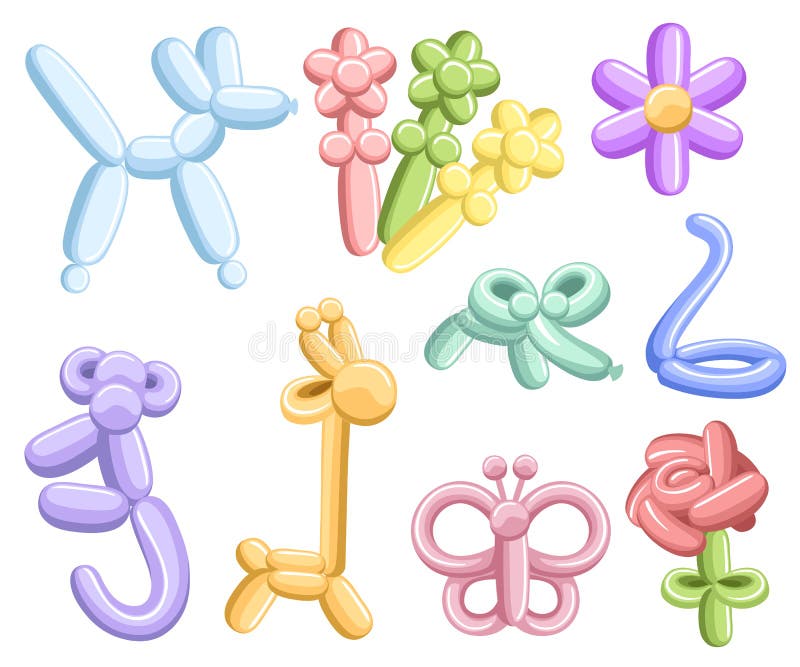 Ballonger för djur och blommor Ballongdjur för lyckliga barn Ikon för cartoon-samling Illustration isolerad på stock illustrationer Ballonger för djur och blommor Ballongdjur för lyckliga barn Ikon för cartoon-samling Illustration isolerad på stock illustrationer