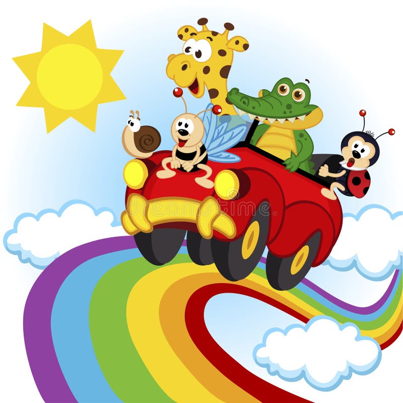 Djur som reser med bilen över regnbågen royaltyfri illustrationer Djur som reser med bilen över regnbågen royaltyfri illustrationer