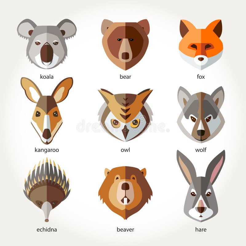 Djur ställde in symbolshuvudet tystar ned vektor illustrationer Djur ställde in symbolshuvudet tystar ned vektor illustrationer