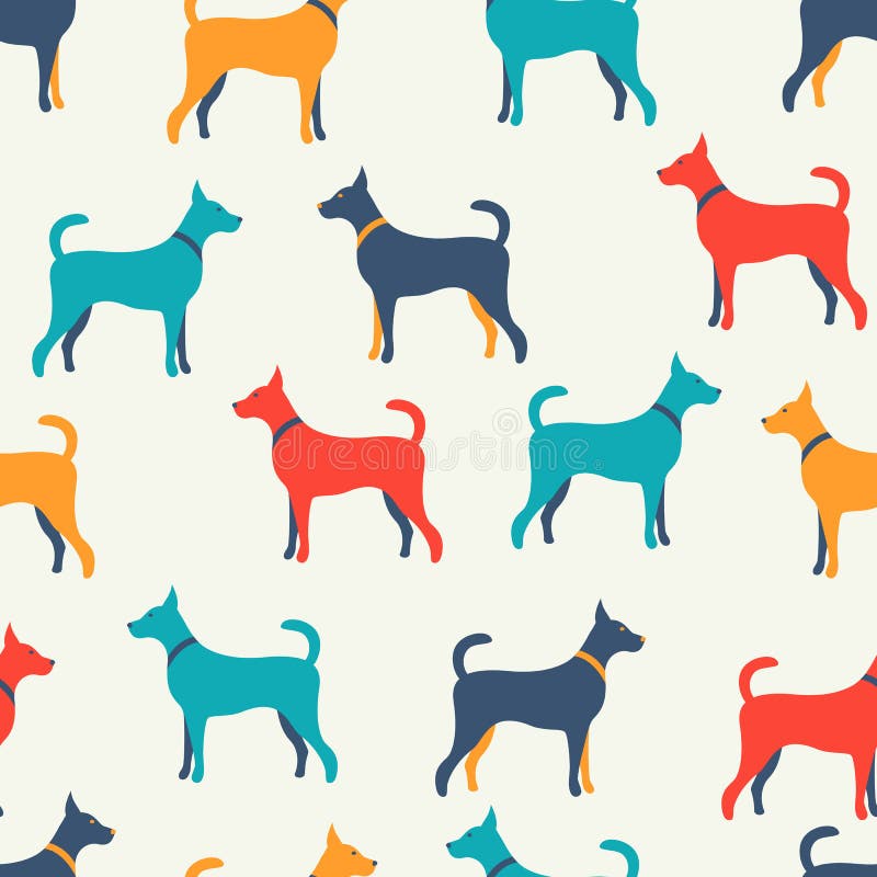 Animal seamless pattern of dog silhouettes. Endless texture can be used for printing onto fabric, web page background and paper or invitation. Doggy style. White, blue, red and yellow colors. Animal seamless pattern of dog silhouettes. Endless texture can be used for printing onto fabric, web page background and paper or invitation. Doggy style. White, blue, red and yellow colors.