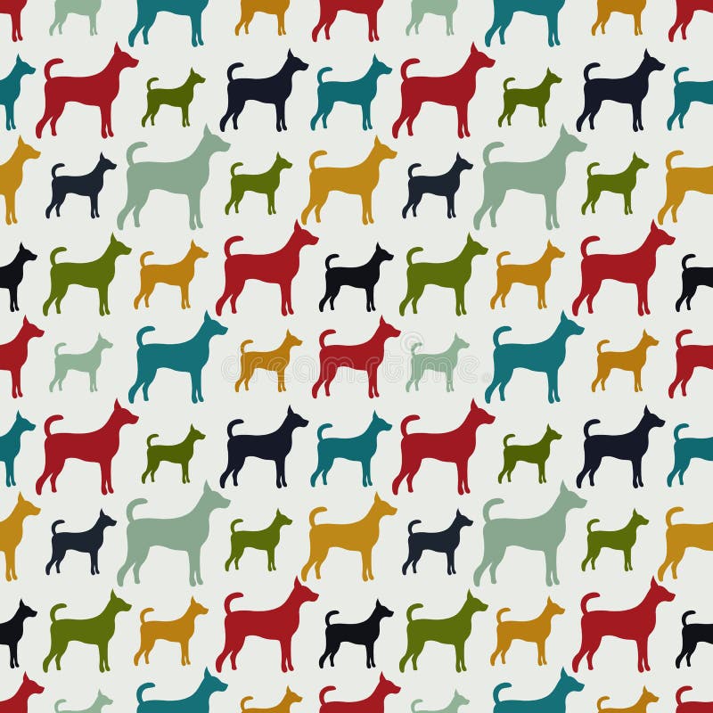 Animal seamless vector pattern of dog silhouettes. Endless texture can be used for printing onto fabric, web page background and paper or invitation. Doggy style. Retro colors. Animal seamless vector pattern of dog silhouettes. Endless texture can be used for printing onto fabric, web page background and paper or invitation. Doggy style. Retro colors.