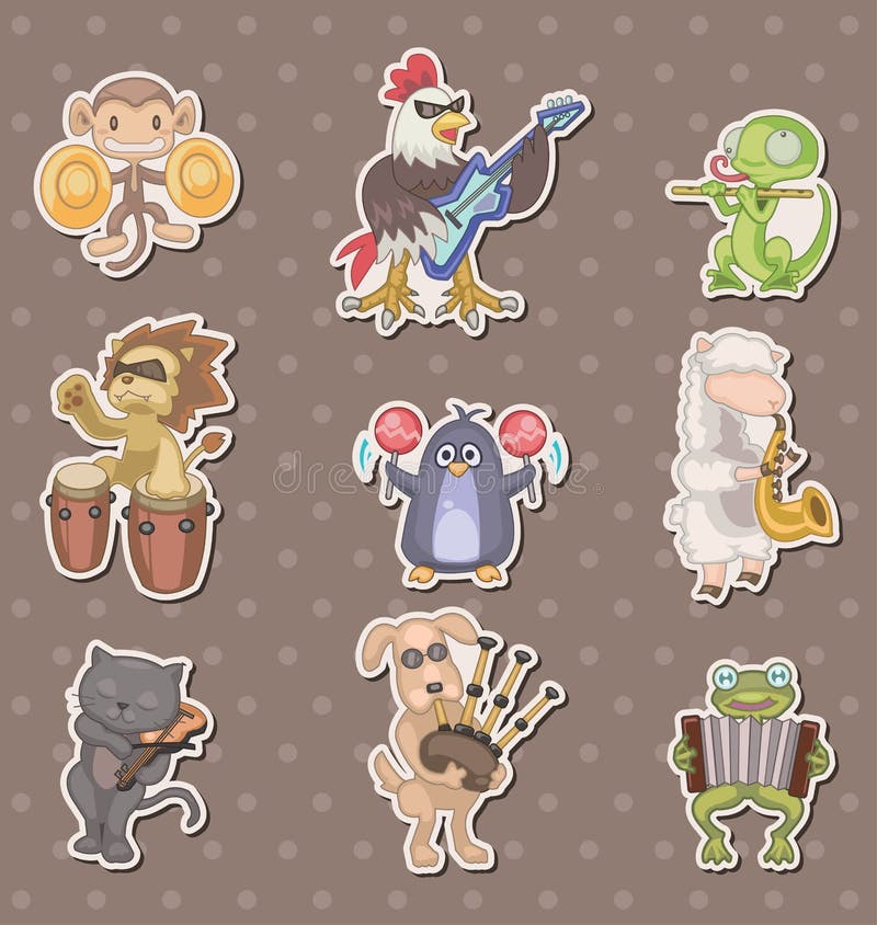 Animal play music stickers,cartoon vector illustration. Animal play music stickers,cartoon vector illustration