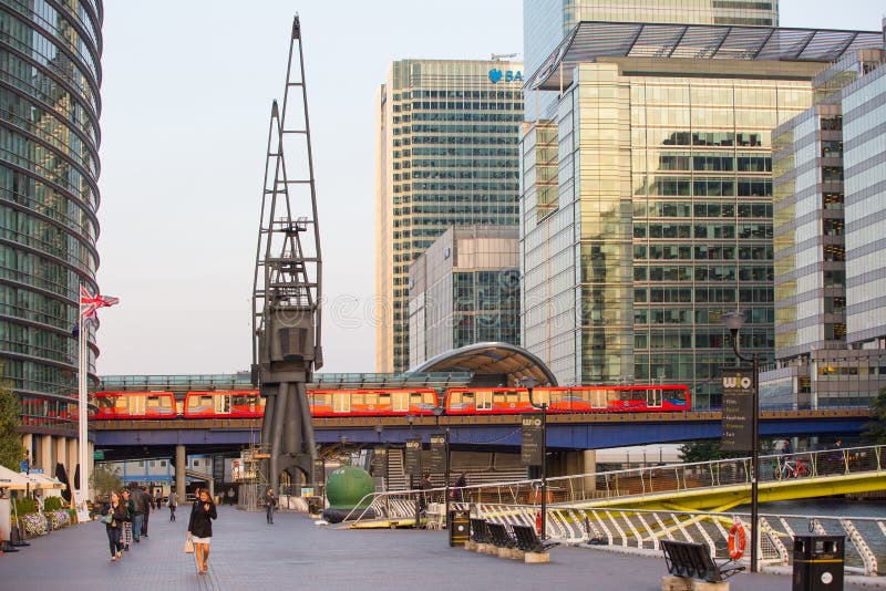 DLR train running through the Canary Wharf business and banking aria, London stock image DLR train running through the Canary Wharf business and banking aria, London stock image