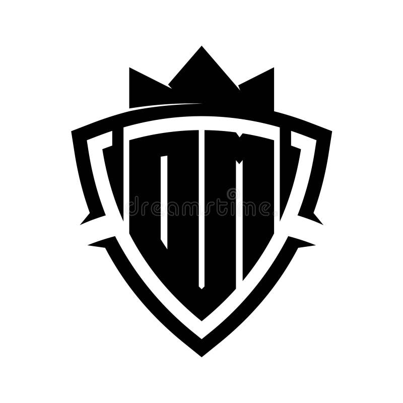 DM Letter bold monogram triangle curve shield shape with crown black and white background color design stock illustration