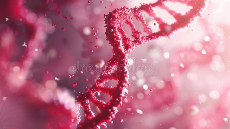 DNA double helix structure depicted in red with a bokeh background. image. Gene sequence stock images, royalty-free photos and pictures